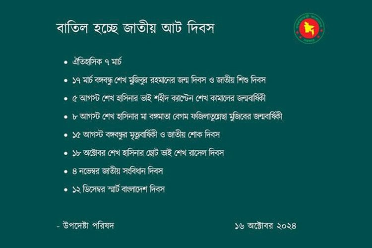 ১৫ আগস্টসহ বাতিল হচ্ছে জাতীয় আট দিবস